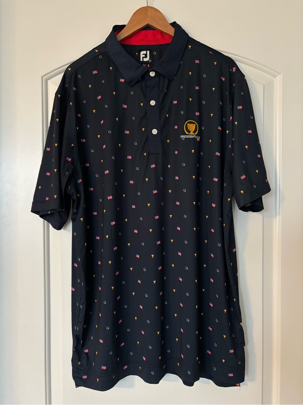 FJ FootJoy Presidents Cup Golf Polo Shirt Navy Blue Gold Trophy Flag Print XL